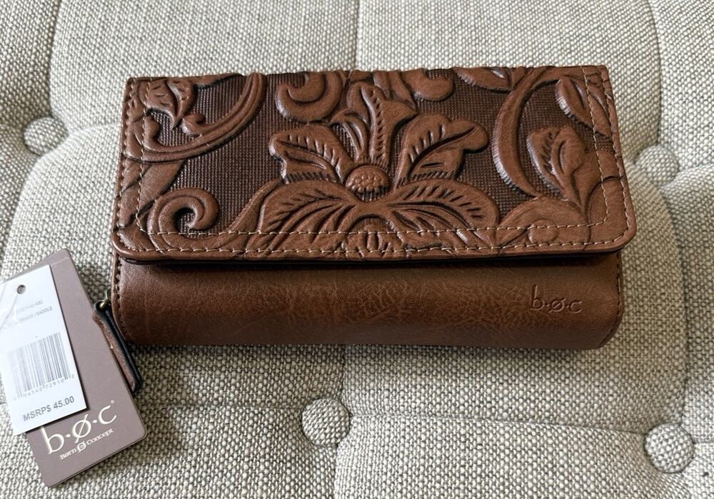 boc Born Concept Floral Embossed Wallet Cognac Brown Faux Leather Boho Clutch